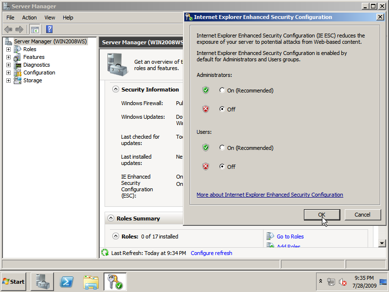 Disable Internet Explorer Enhanced Security Configuration via the Server Manager