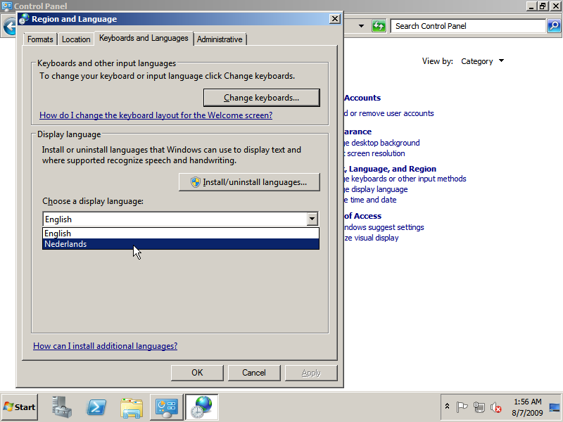Change display language for Windows Server 2008 R2