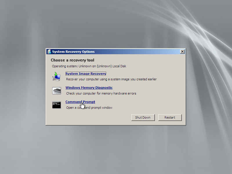 Command Prompt in System Recovery Options window