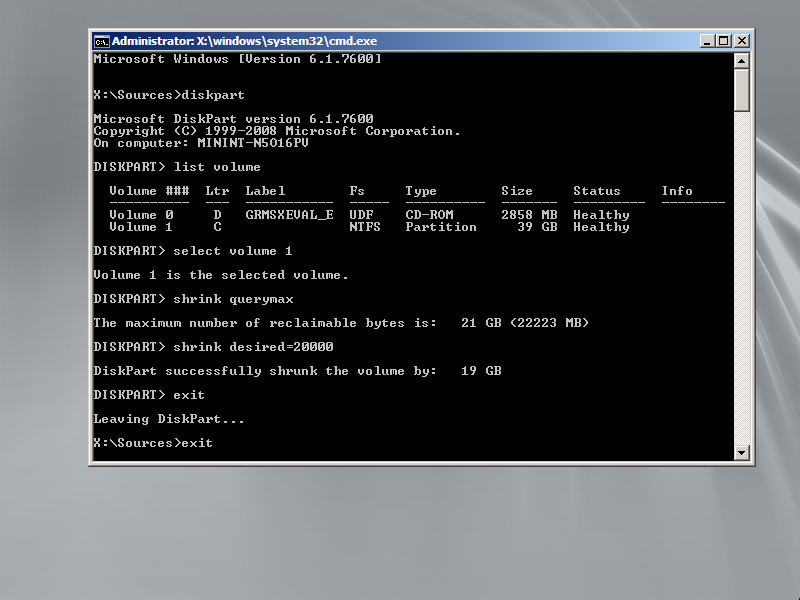 Shrink partition using diskpart to create space for the installation of Windows Server 2008 R2