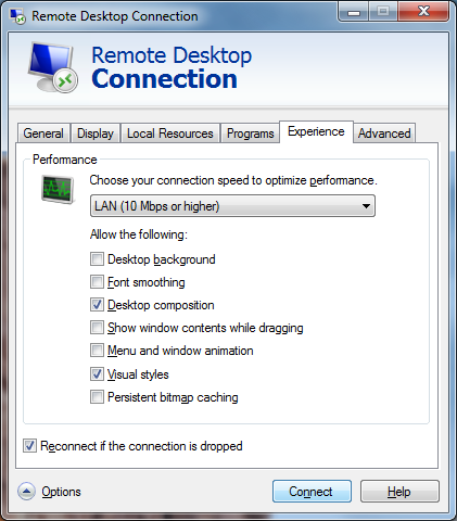 At least enable Desktop Composition and Visual Styles in the Experience tab of the Remote Desktop Connection client