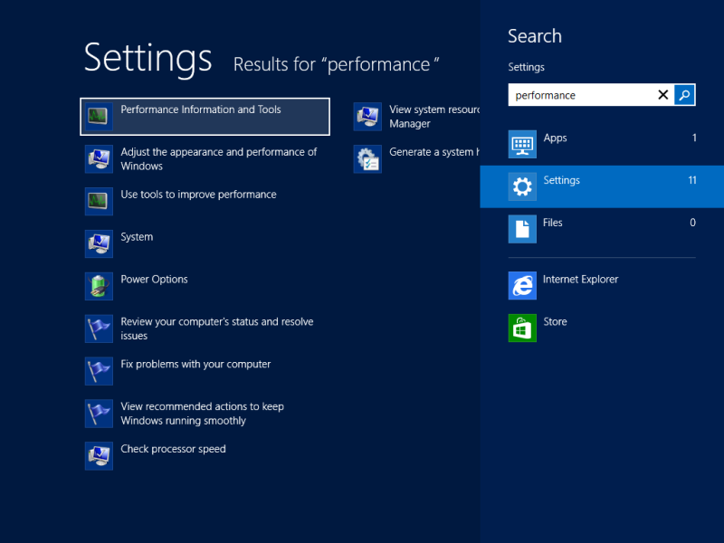 'Performance Information and Tools' in Start menu