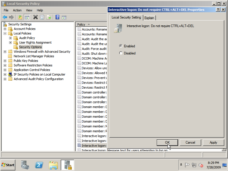 Enable the "Interactive logon: Do not require CTRL+ALT+DEL" policy