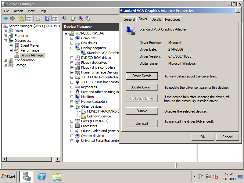 Server Manager - Device Manager - Device Properties