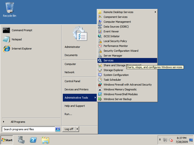 Open the Services Microsoft Management Console plugin