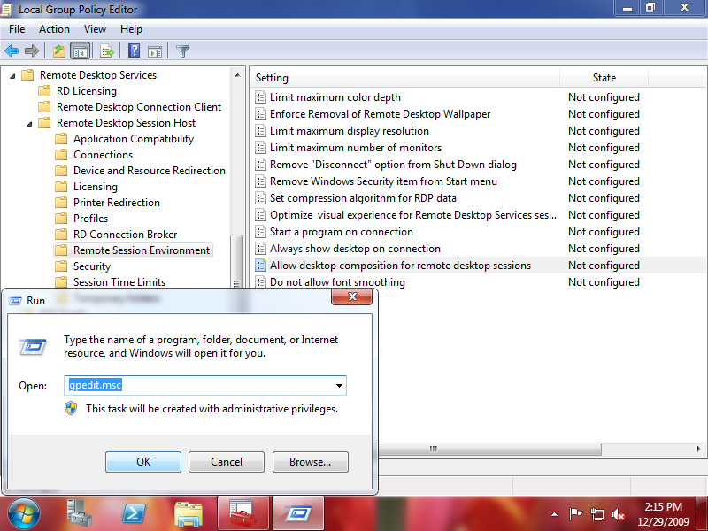 "Remote Session Environment" section in the Group Policy Editor