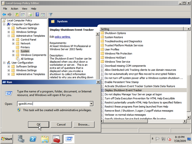 Open the Local Group Policy Editor and browse to Display Shutdown Event Tracker
