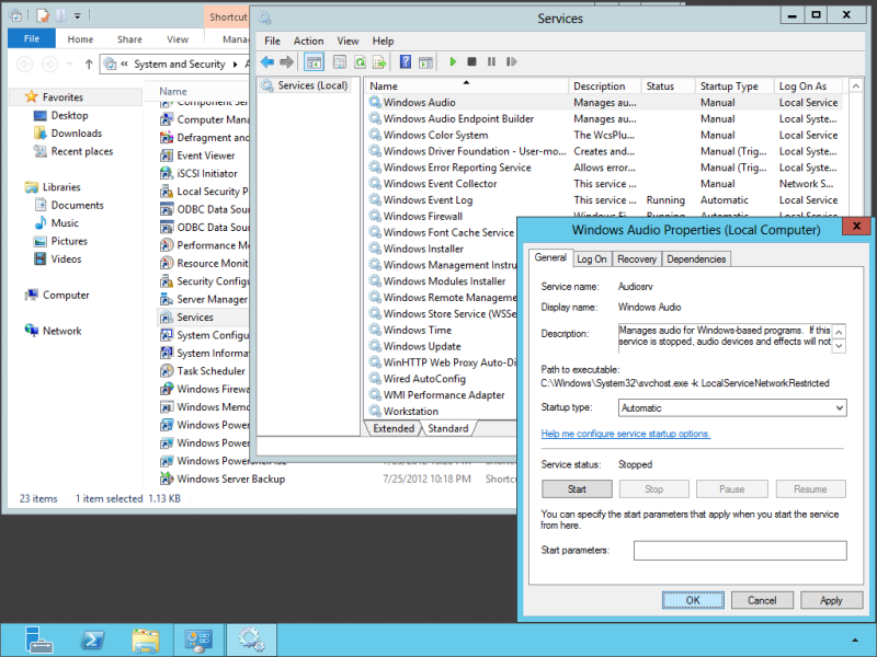 Enable "Windows Audio" and "Windows Audio Endpoint Builder" services in Service Manager.