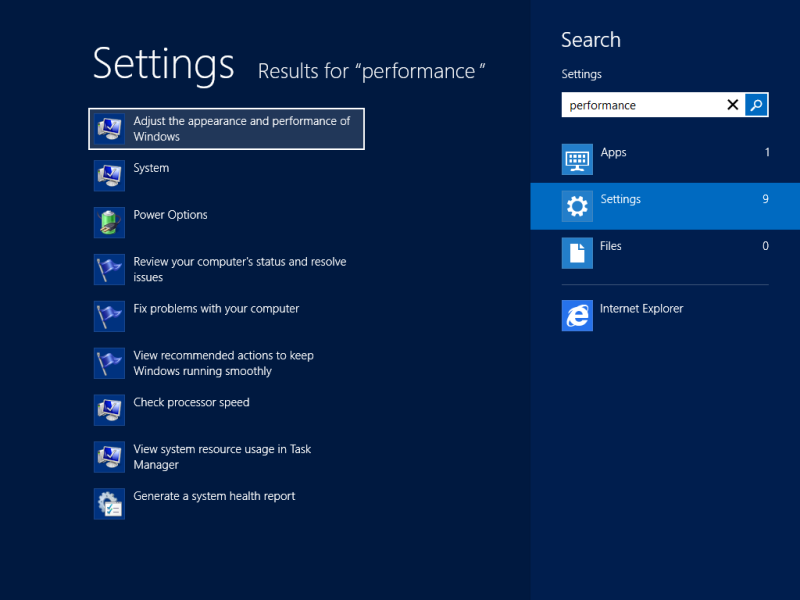 Performance settings in Start screen