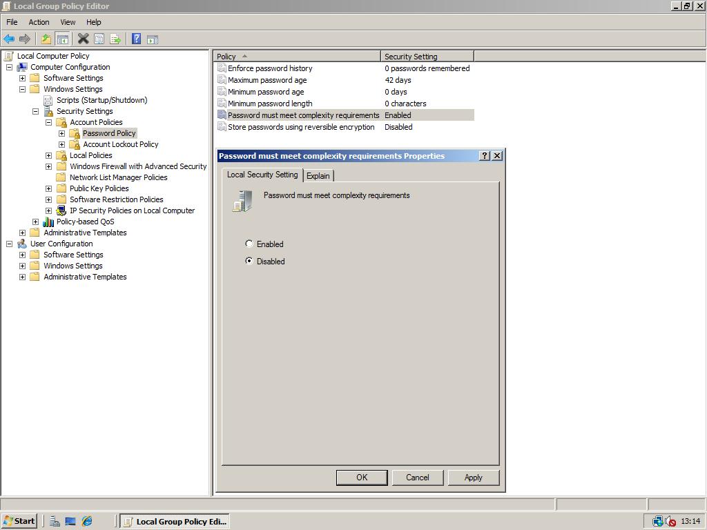 Disable Strong Passwords Enforcement - Windows 2008 Workstation!